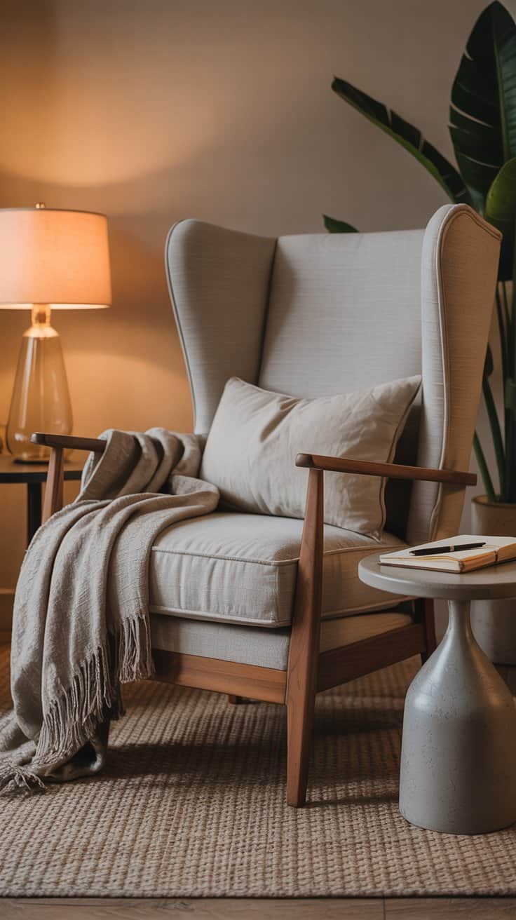 A medium shot of a comfortable journaling chair setup: a supportive high-back upholstered chair with armrests in warm walnut legs, seat depth around 18–20 inches, layered with a linen lumbar pillow and a cushy neutral throw; beside it a small side table with a closed journal and pen; warm ambient lighting that invites 30–60 minutes of sitting, photorealistic, no people.