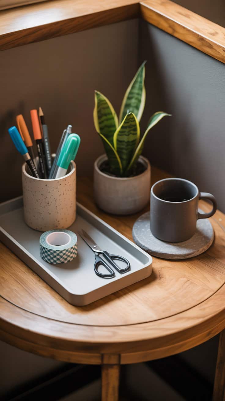 A medium shot of a styled mini desk or rounded-edge side table: a shallow tray corralling washi tape and scissors, a ceramic cup displaying favorite pens and highlighters, a small snake plant in a simple pot, and a stone coaster marking a dedicated mug spot; the table sits in a tight space with rounded edges for visual softness; warm, focused task lighting, photorealistic.