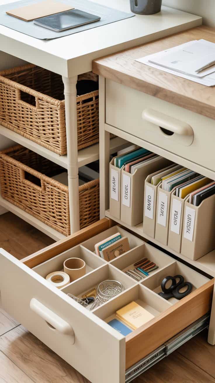 A medium shot of attractive smart storage: lidded woven baskets under a side table for overflow supplies, matte magazine files on a low shelf labeled for daily, ideas, travel, and gratitude journals, a drawer slightly open showing tidy dividers for tape, clips, and stamps, and a rotating desktop caddy holding most-used tools; clean, clutter-free look with soft light, photorealistic.