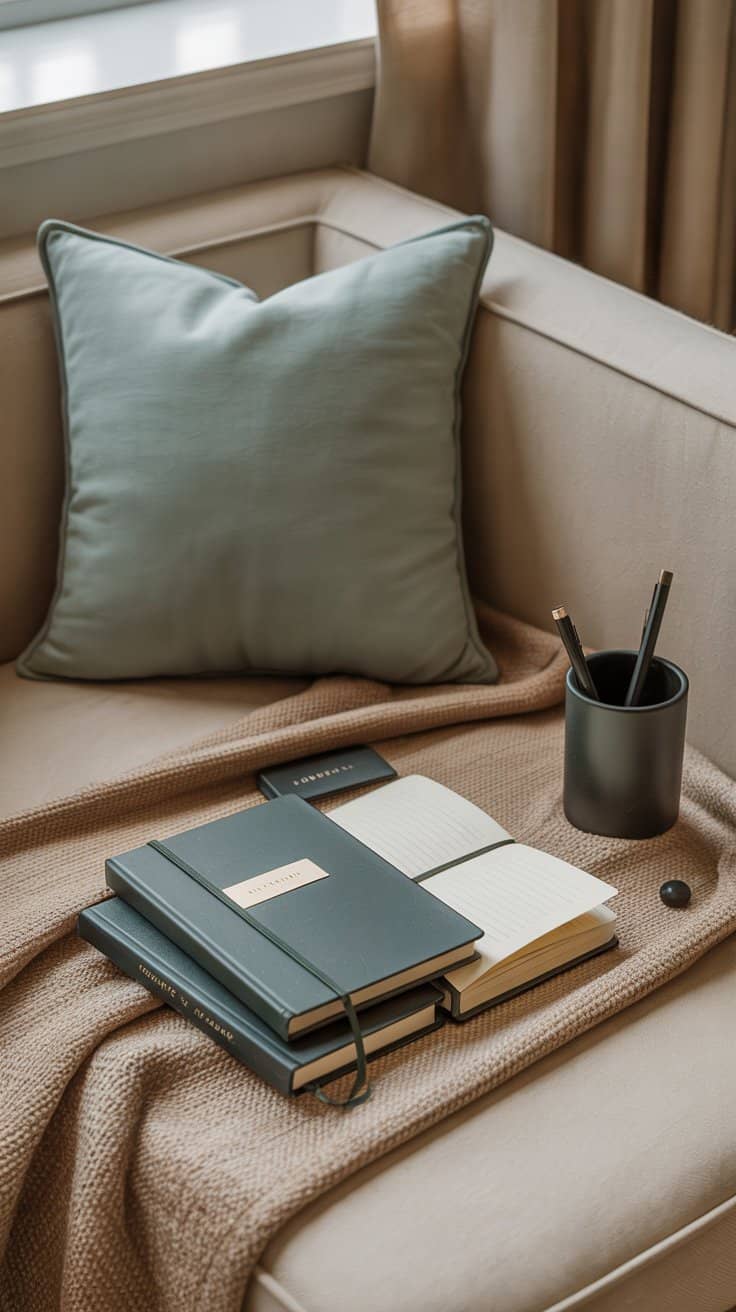 A medium straight-on shot showcasing a cohesive color palette: a journaling nook styled in “Calm + Cozy” hues—cream walls, sage cushion, sand-toned rug—with matching journal covers, pen cup, and textiles echoing the palette; minimal matte black accents for balance; soft indirect light that feels soothing and grounded, photorealistic, no people.