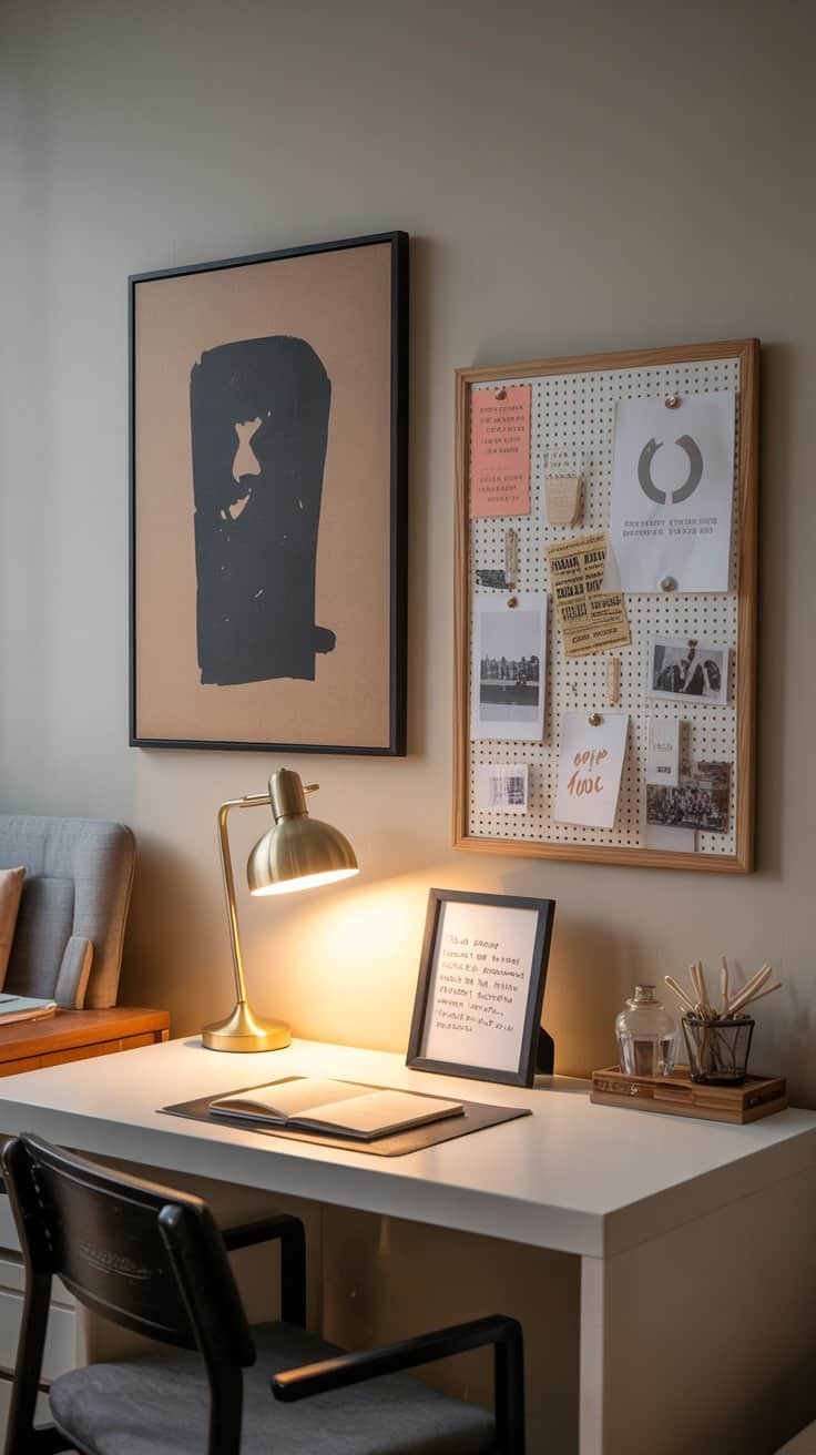 A medium wall vignette above the journaling spot: one statement art piece hung low over a compact desk, a mini pinboard with rotated quotes, ticket stubs, and photos, plus a small frame containing a handwritten affirmation; warm ambient light highlighting the curated, meaningful arrangement without visual clutter, photorealistic.
