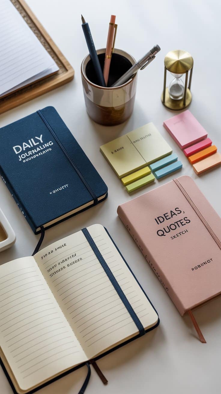 An overhead flat-lay of a curated daily journaling toolkit: three journals (daily, ideas/quotes, sketch) with coordinated covers, two favorite pens in a ceramic cup, sticky notes and page tabs neatly arranged, and a small brass mini hourglass timer; extras tucked out of frame to avoid clutter; clean, soft lighting for a practical, calm vibe, photorealistic.