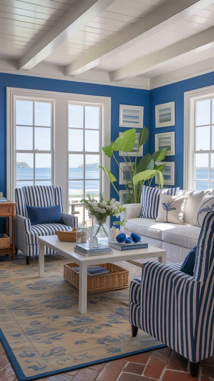 Bright coastal living room with blue walls, white coffered ceiling and exposed beams, ocean-view windows, white sofa with blue striped pillows, matching armchairs, tropical plant, patterned blue rug, and light-filled beach house decor.