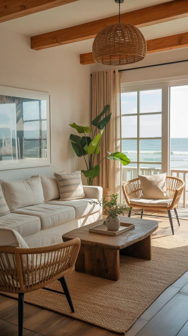 Bright modern coastal living room with floor-to-ceiling ocean-view windows, exposed wood beams, rattan pendant light, gray sofa with striped pillows, rattan chairs, jute rug, monstera plant, and warm neutral beach house decor.