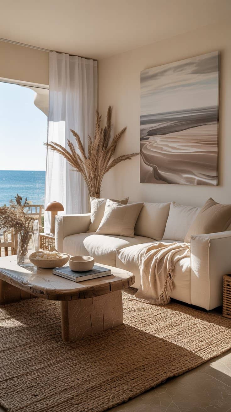 Bright modern coastal living room with ocean-view window and sheer curtains, beige sectional sofa with fringed throw, live-edge wood coffee table on jute rug, minimalist beach artwork, pampas grass decor, and airy neutral tones.