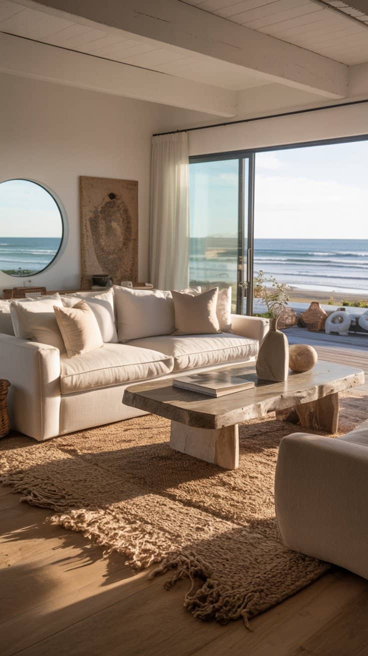 Bright modern beach house living room with floor-to-ceiling ocean-view windows, white linen sofa beneath a round porthole window, light wood floors, jute rug, live-edge wooden coffee table with ceramic vase, soft white curtains, and sunlit neutral coastal decor.