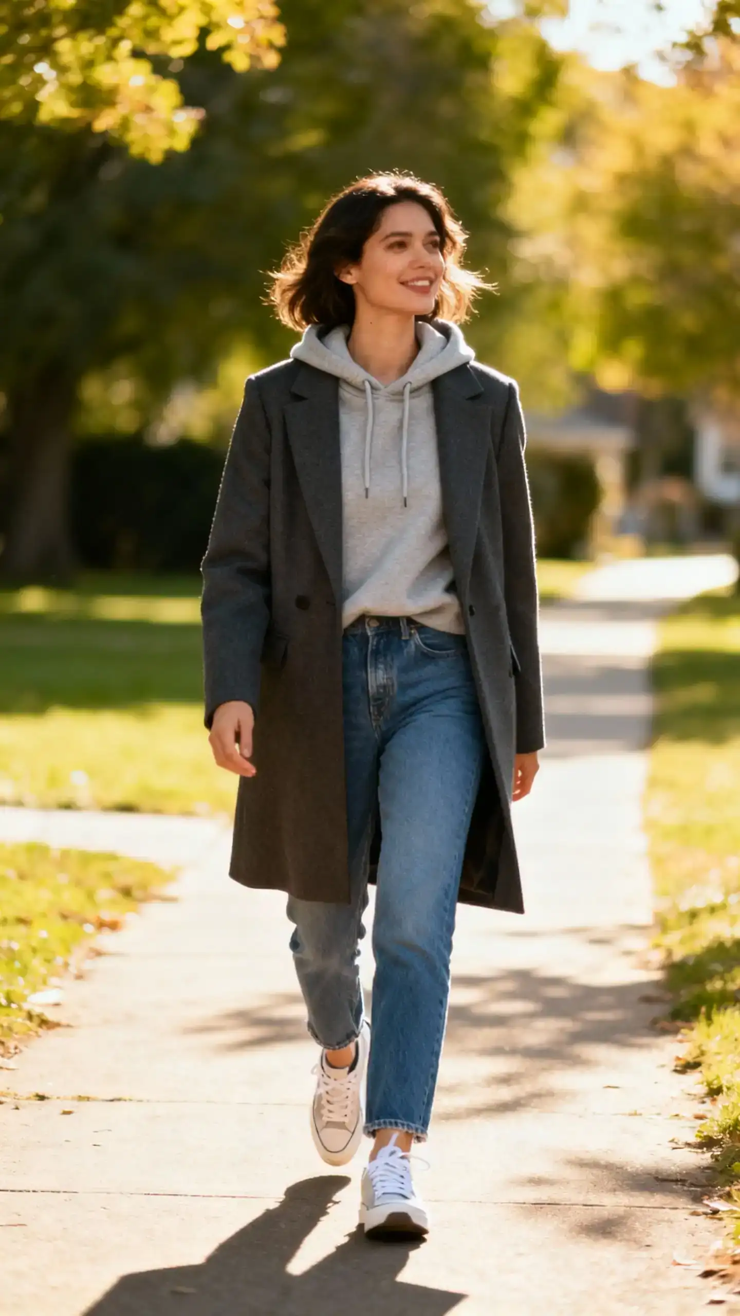 A woman wearing a cozy hoodie layered under a tailored coat with classic blue jeans and clean sneakers, strolling through a neighborhood park path, casual iPhone photo style, sunny day, outdoor setting.