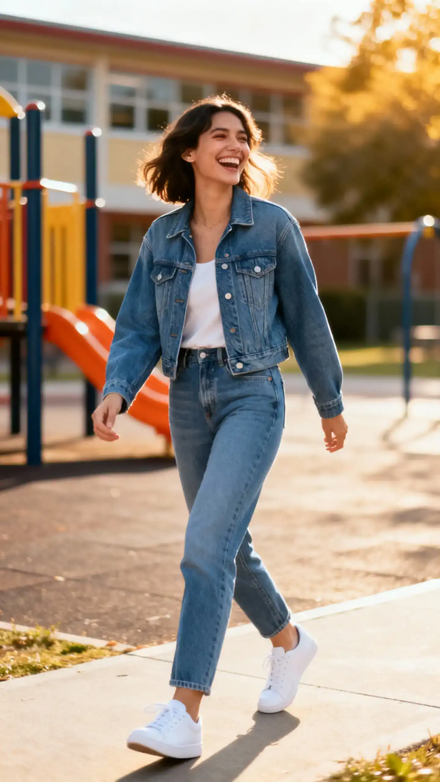 A woman wearing a denim-on-denim set (modern jean jacket and coordinated jeans) with white sneakers, laughing near a school playground, casual iPhone photo style, natural daylight, outdoor setting.