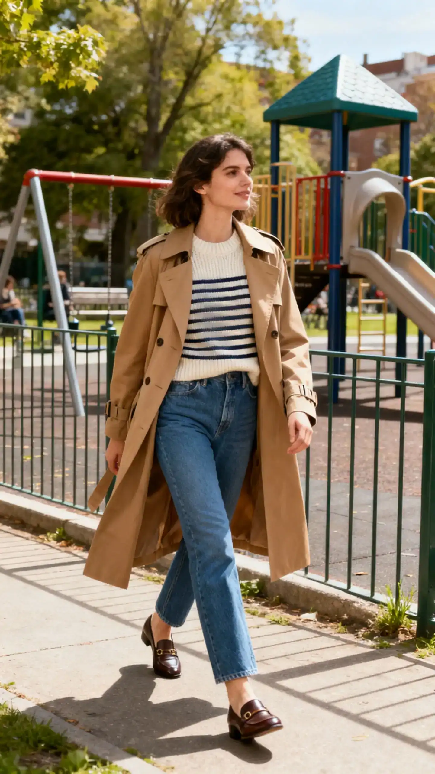 A woman wearing a Parisian striped knit sweater, classic camel trench coat, straight-leg blue jeans, and loafers, strolling past a playground, casual iPhone photo style, natural daylight, outdoor setting, sunny day.