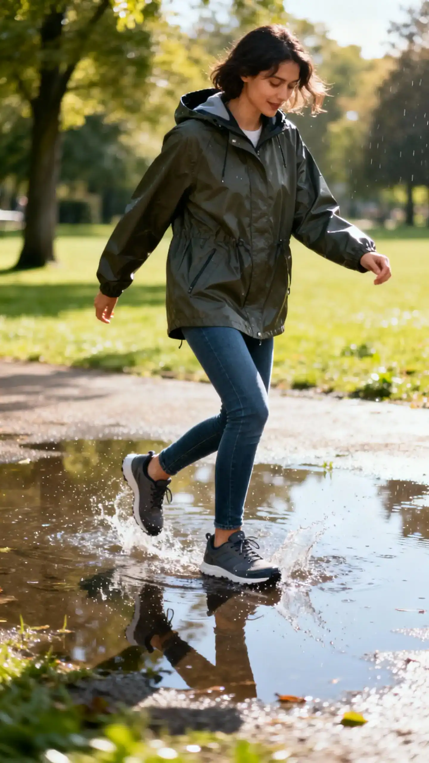 A woman wearing a rain-ready anorak, slim jeans, and waterproof sneakers, hood down under bright sun after a drizzle, splashing by puddles in a park, casual iPhone photo style, outdoor setting.