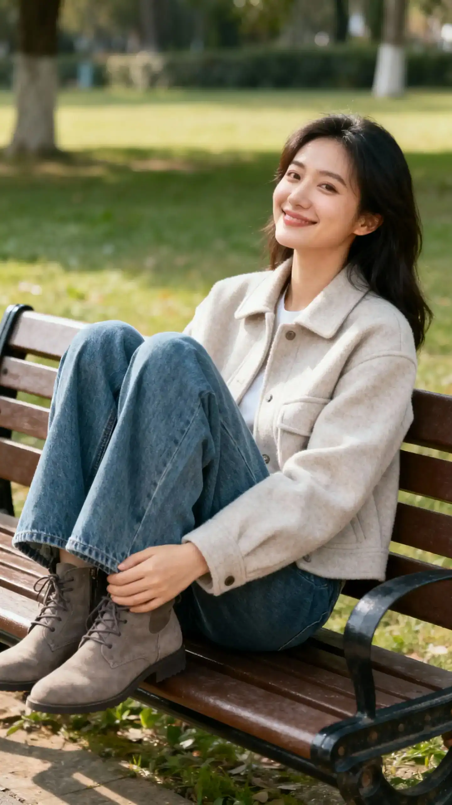A woman wearing a soft shacket and wide-leg jeans with casual boots, relaxing on a park bench with a gentle smile, candid angle, casual iPhone photo style, natural daylight, outdoor setting.
