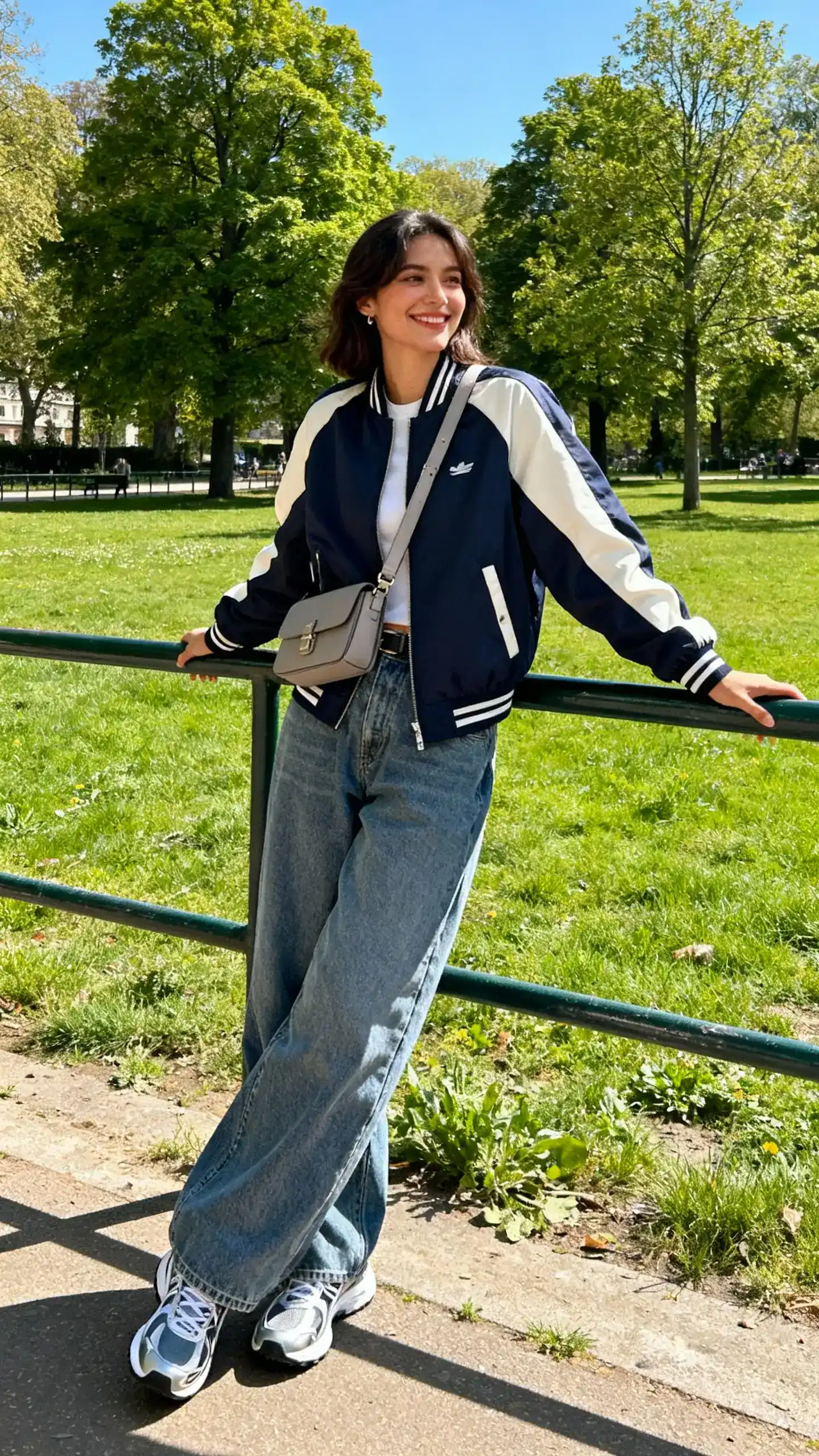 A woman wearing a sporty-chic bomber jacket, baggy jeans, sleek sneakers, and a crossbody bag, leaning on a park railing with a casual smile, candid angle, casual iPhone photo style, outdoor setting, sunny day.