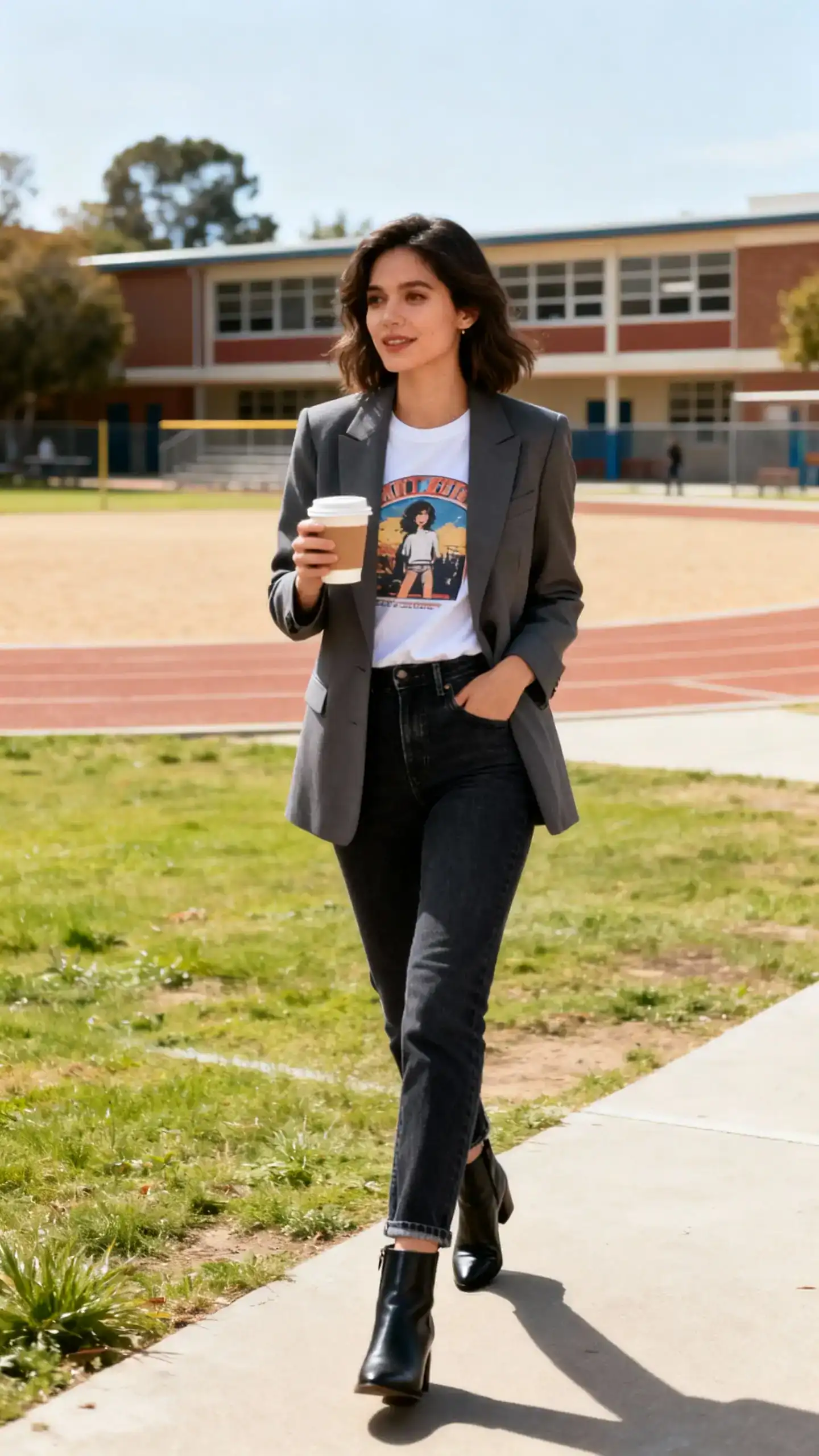 A woman wearing a tailored blazer over a graphic tee with dark-wash jeans and ankle boots, walking by a school yard holding a coffee, casual iPhone photo style, natural daylight, outdoor setting.