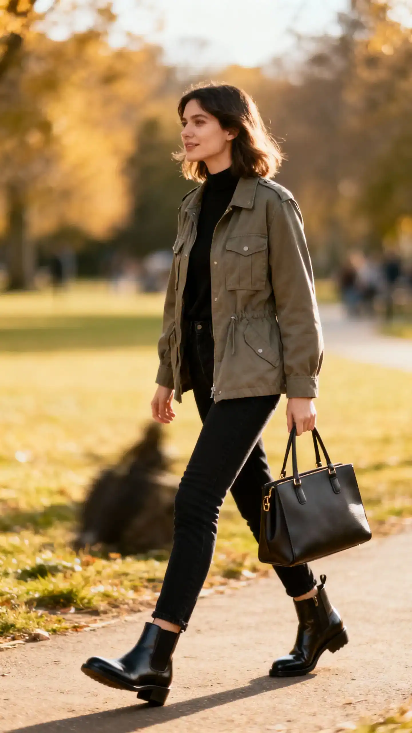 A woman wearing a utility jacket, black jeans, and Chelsea boots with a structured tote, striding along a park path like she’s headed somewhere, casual iPhone photo style, natural daylight, outdoor setting.
