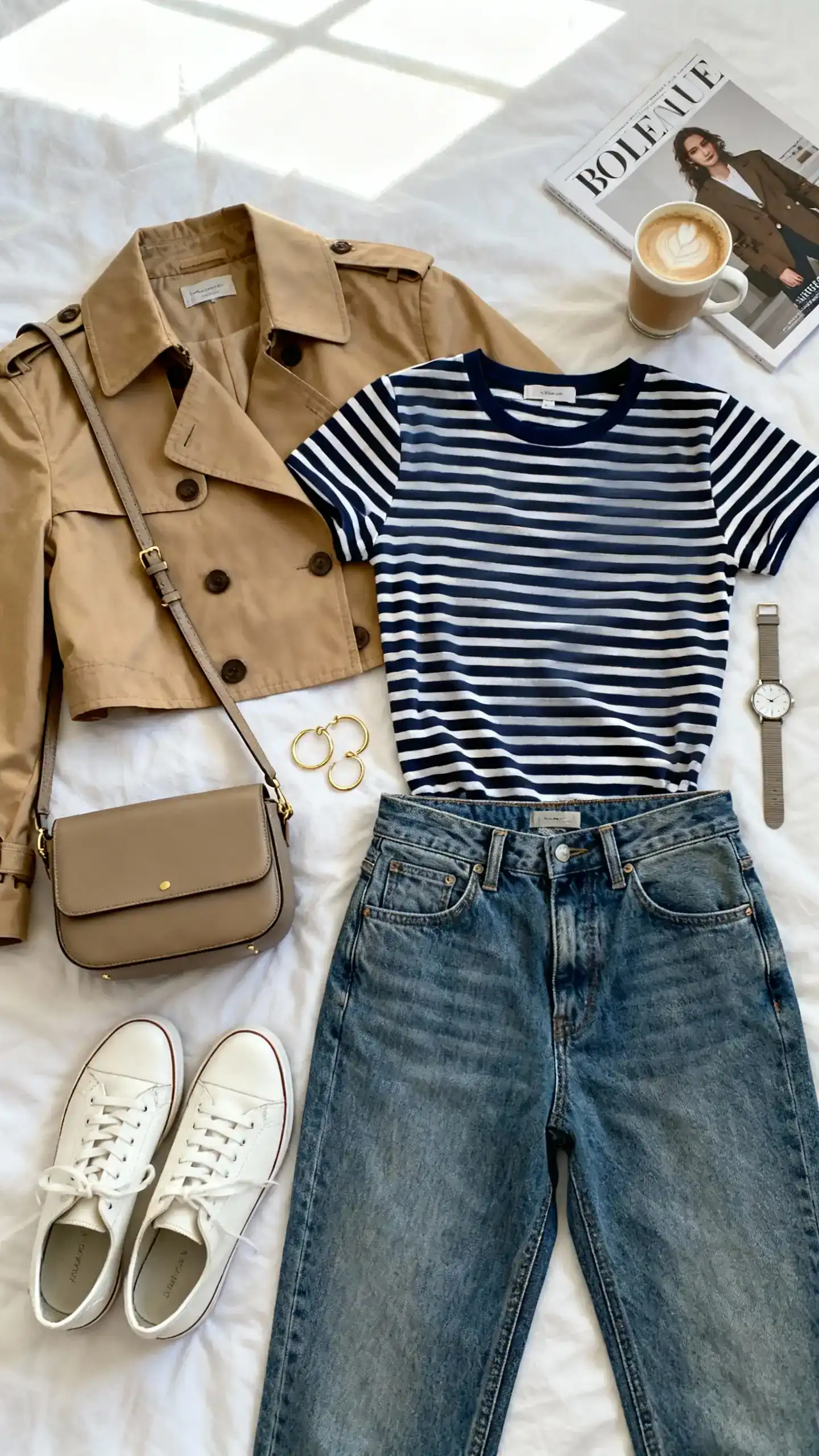 Flat lay overhead view of a tan cropped trench coat, navy-and-white Breton striped tee, high-waisted medium-wash straight-leg jeans, white leather sneakers, structured crossbody bag, delicate gold hoops, and slim watch on a white bedspread; add a latte and a fashion magazine, bright natural window light, no person visible, organized composition, iPhone photo aesthetic.