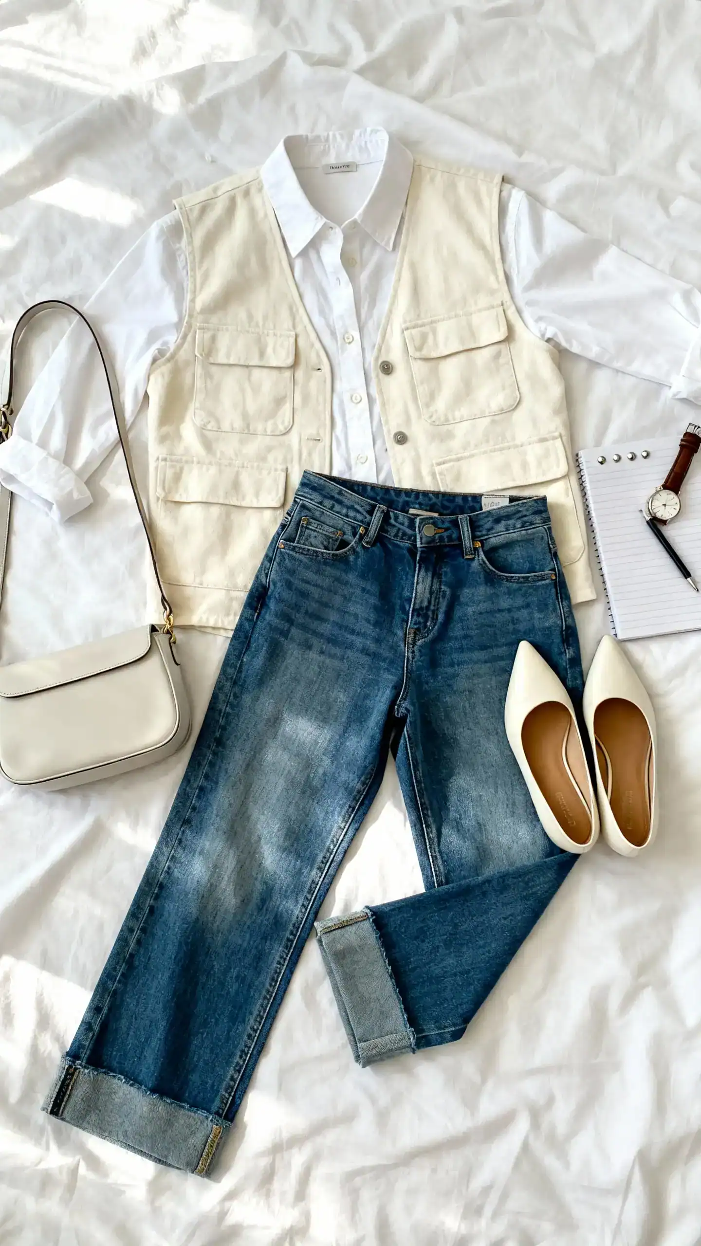Flat lay top-down of a cream utility vest, white cotton button-down shirt, high-waisted cropped flare jeans, pointed flats, slim shoulder bag, minimal studs, and a classic watch on a white bed; include a notebook and pen, bright natural light, no person visible, organized composition, iPhone photo aesthetic.