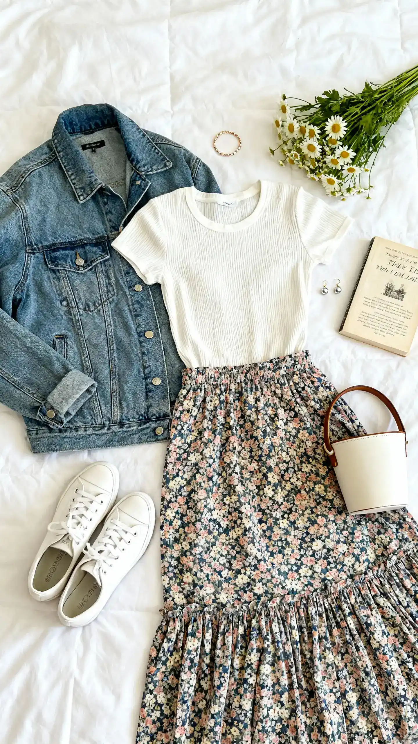 Flat lay top-down of a medium-wash denim jacket, swishy floral midi skirt, fitted ribbed tee, white sneakers, small bucket bag, simple stud earrings, and delicate bracelet on a white bed; include fresh daisies and a paperback book, bright natural light, no person visible, organized composition, iPhone photo aesthetic.
