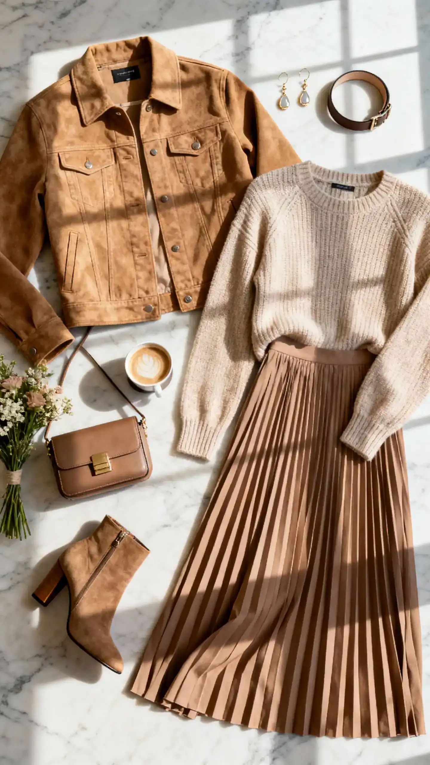 Overhead flat lay of a camel suede trucker jacket, midi pleated skirt, fine-knit crewneck, heeled ankle boots, compact satchel, delicate drop earrings, and a thin belt on a marble surface; add a small bouquet and a latte, bright natural window light, no person visible, organized composition, iPhone photo aesthetic.