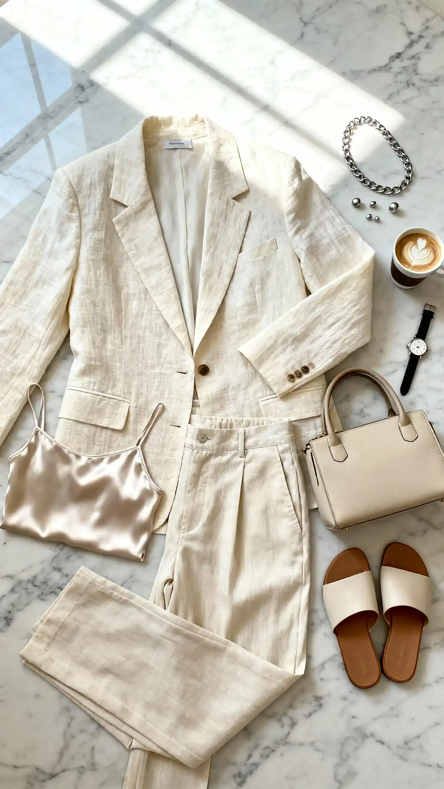 Overhead flat lay of a cream single-breasted linen blazer, relaxed wide-leg trousers, silk camisole, minimal slide sandals, structured top-handle bag, understated chain necklace, and studs on a marble surface; add a cappuccino and a sleek watch, bright natural window light, no person visible, organized composition, iPhone photo aesthetic.