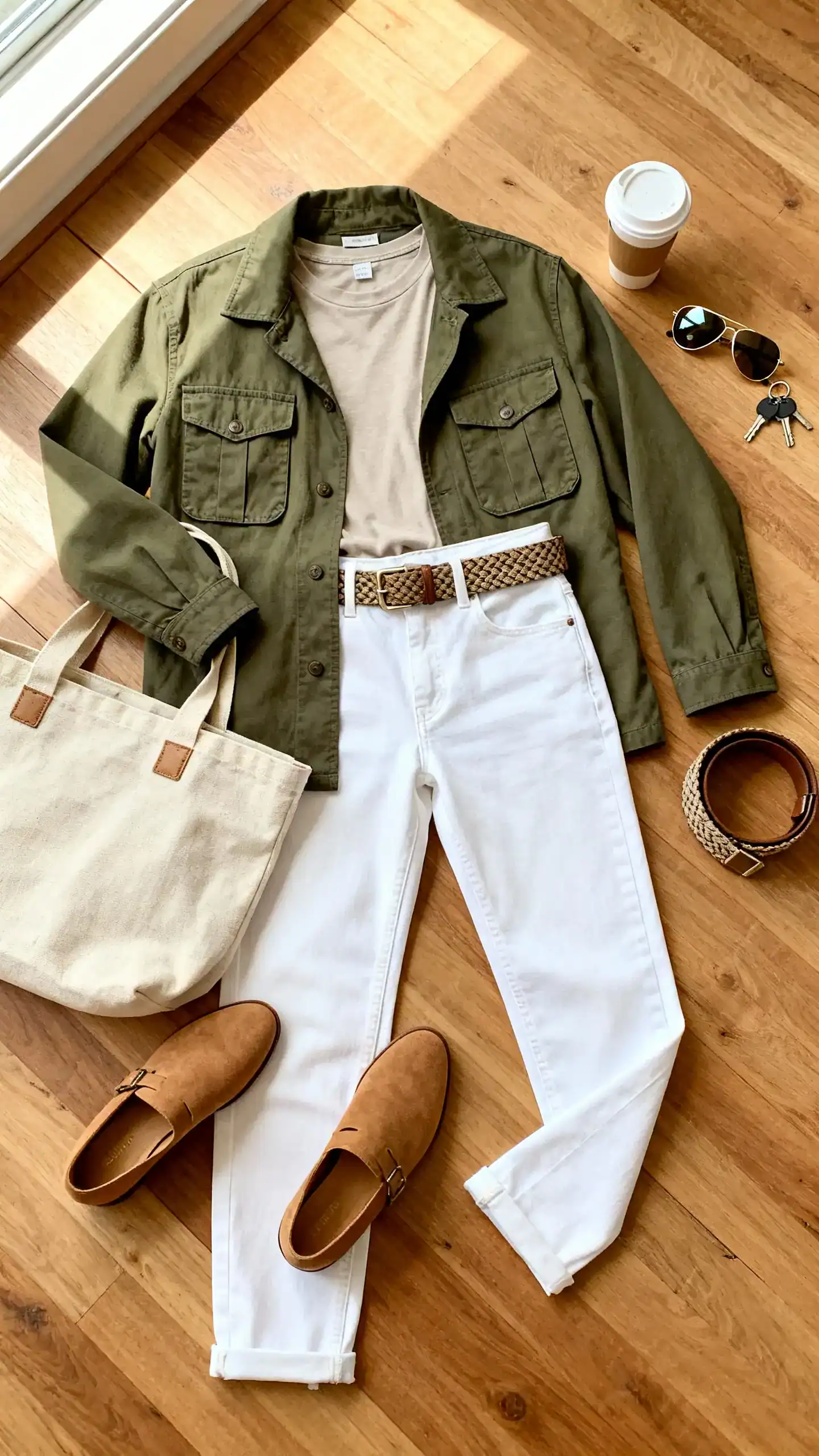 Overhead flat lay of an olive utility jacket with flap pockets, straight white jeans, neutral tee, tan loafers, canvas tote, textured belt, and aviator sunglasses on a wooden floor; add takeaway coffee and house keys, bright natural window light, no person visible, organized composition, iPhone photo aesthetic.