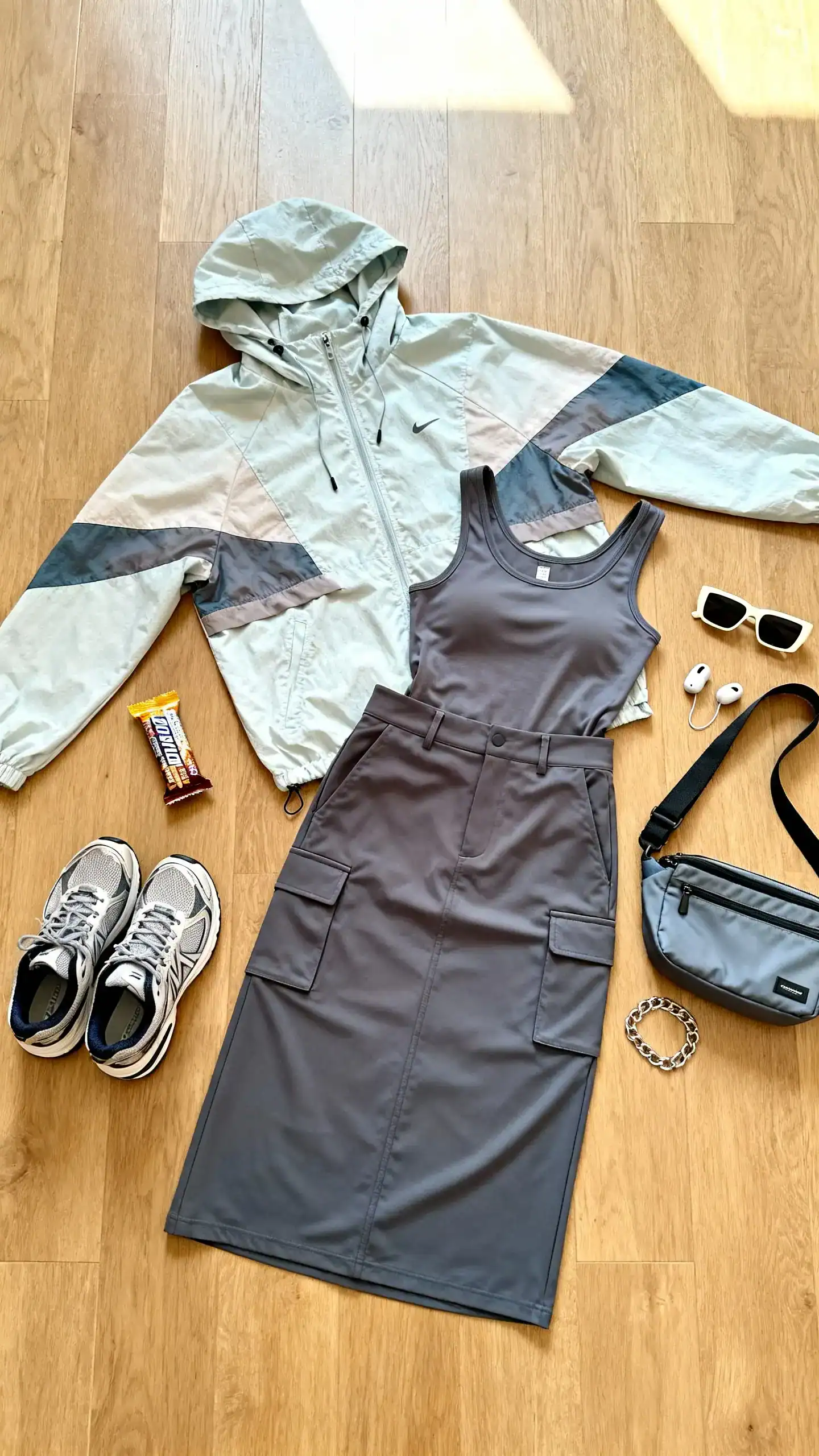 Top-down flat lay of a color-blocked light windbreaker, midi cargo skirt with streamlined pockets, fitted tank, technical sneakers, sporty sling bag, rectangular sunglasses, and a minimal chain on a wooden floor; include wireless earbuds and an energy bar, bright natural light, no person visible, organized composition, iPhone photo aesthetic.