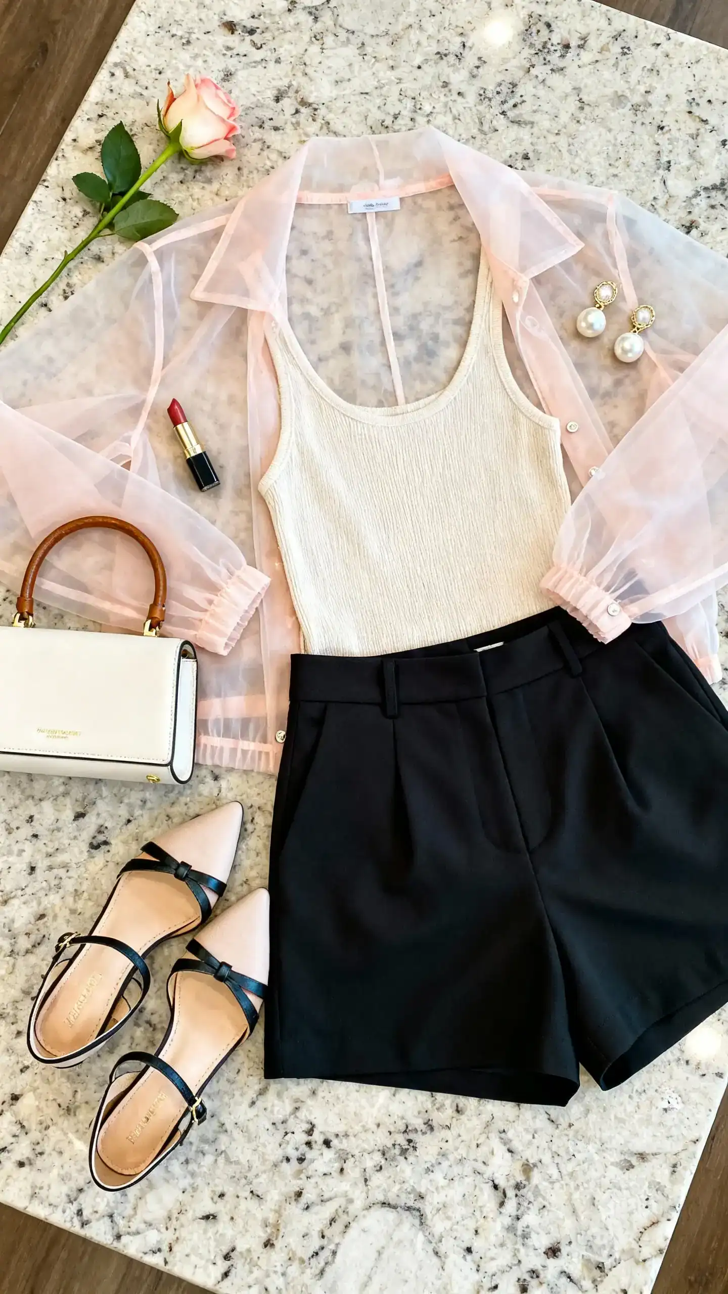 Top-down flat lay of a sheer pastel organza jacket, high-waisted tailored black shorts, minimal knit tank, strappy kitten heels, mini top-handle bag, and pearl statement earrings on a marble countertop; include a lipstick and a single rose, bright natural light, no person visible, organized composition, iPhone photo aesthetic.