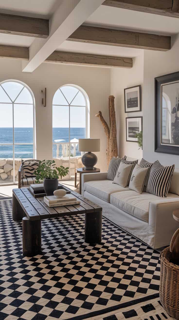 Luxurious Mediterranean-style living room with arched ocean-view windows, exposed dark wood beams, white sofa with black striped pillows, geometric black-and-white tile floors, wooden coffee table, potted plant, and sunlit coastal interior.