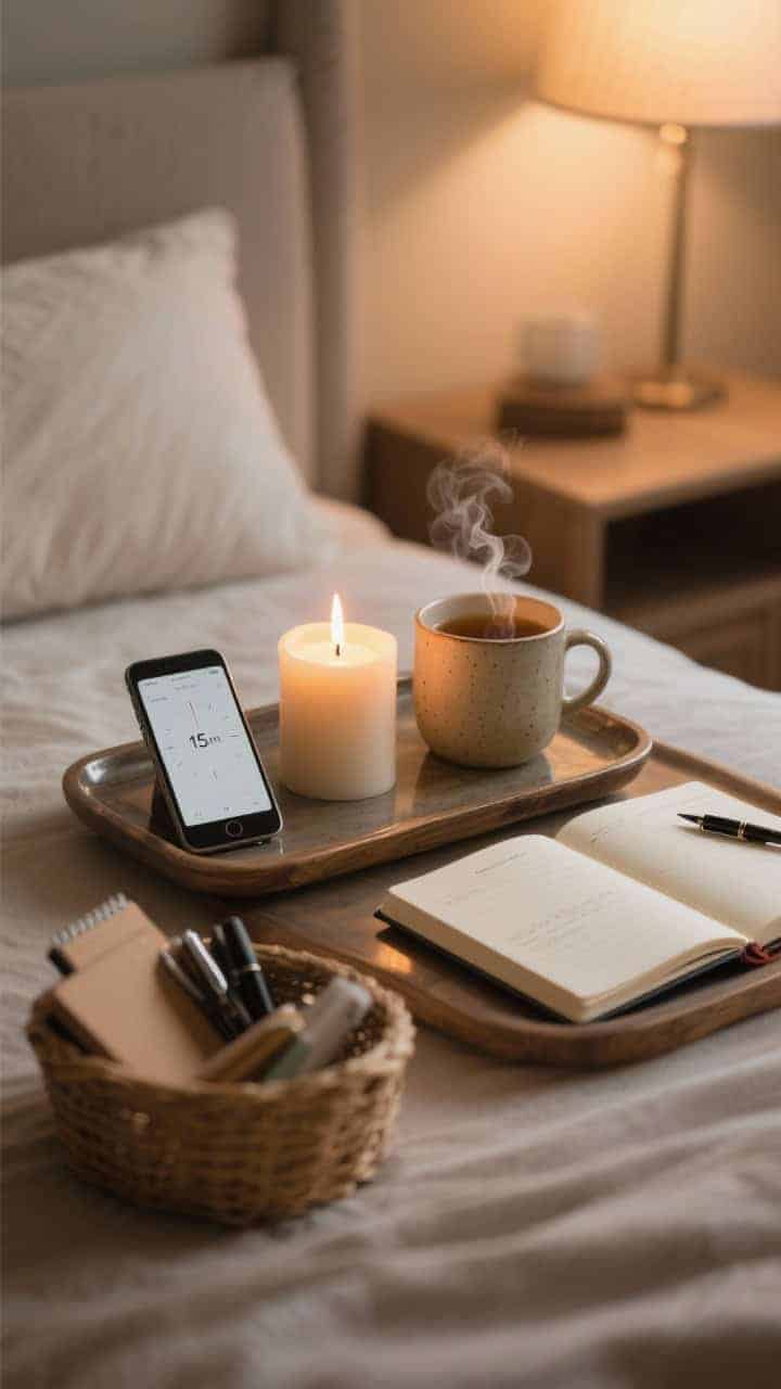 A closeup ritual scene on a tray: a just-lit candle, a steaming ceramic mug of tea or coffee, a phone showing a 15-minute timer, and an open journal with a pen mid-page; a small basket nearby packed with essentials for grab-and-go journaling; warm ambient light and a calm, inviting mood that suggests closing with a single reflective line, photorealistic, no people.