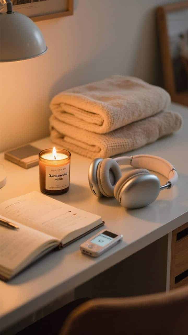 A cozy sensory-focused closeup: a lit candle labeled with a journaling-only scent (sandalwood or vanilla) beside an open notebook, over-ear headphones resting on the desk with a visible lo-fi playlist on a small device, and a folded soft throw nearby; warm, intimate lighting that suggests a steady ritual, photorealistic, no people.