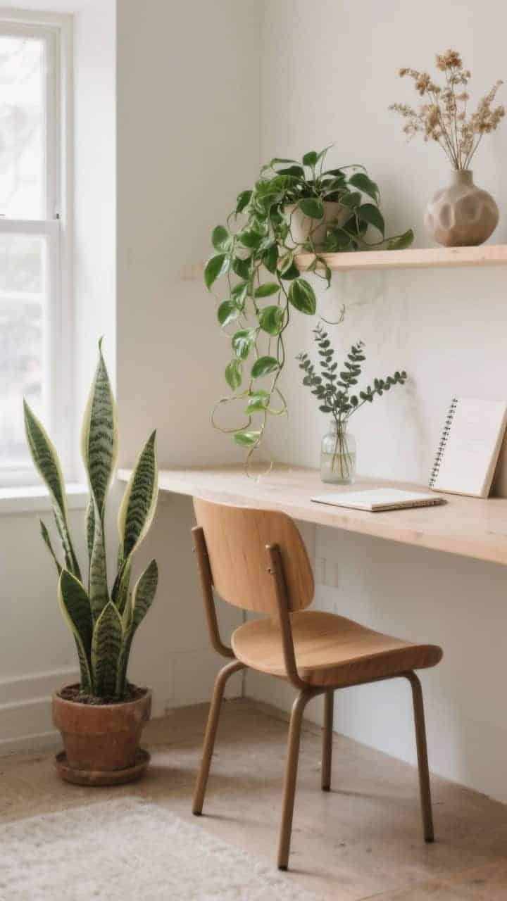 A medium closeup of nature elements in a journaling nook: trailing pothos cascading from a shelf, a sturdy snake plant on the floor near the chair, and a small bud vase with fresh eucalyptus on the table; optional dried florals in a sculptural vase on a ledge; soft natural light enhances calm and creativity, photorealistic, no people.