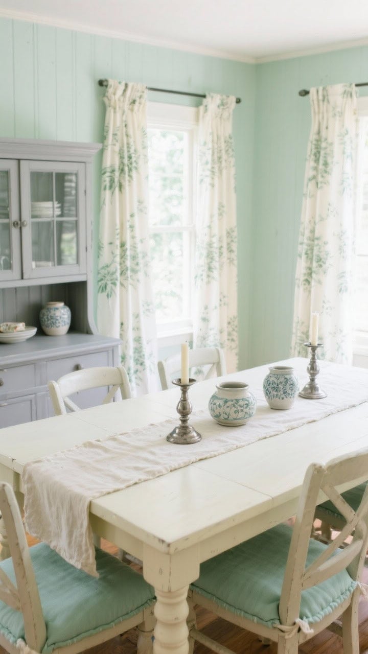 Airy dining vignette, overhead detail shot: buttercream-painted dining table centered with a linen runner; pewter candlesticks and ironstone ceramics composed neatly; mint seat cushions on chairs; backdrop of meadow mint walls with a soft gray hutch; mint-and-cream botanical curtains fluttering; soft, natural daylight for a gentle, serene feel.