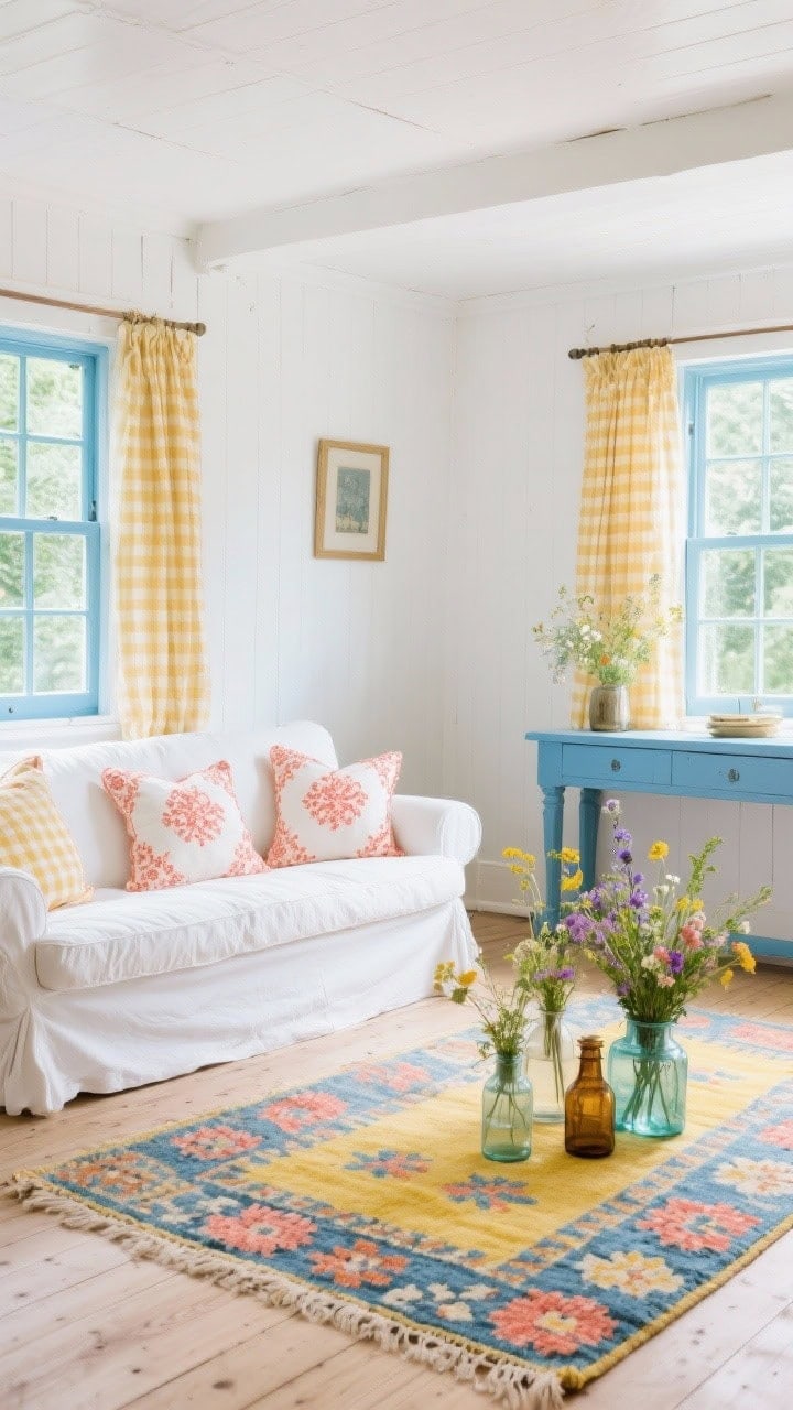Bright, cheerful wide shot of a cottage living space with chalky white walls and pale oak floors; a white slipcovered loveseat sprinkled with coral embroidered cushions; buttery gingham drapes framing windows; a sky-blue painted console against the wall; floral kilim rug tying coral, butter yellow, and sky blue; fresh wildflowers in mismatched jars; light, sunny midday illumination.
