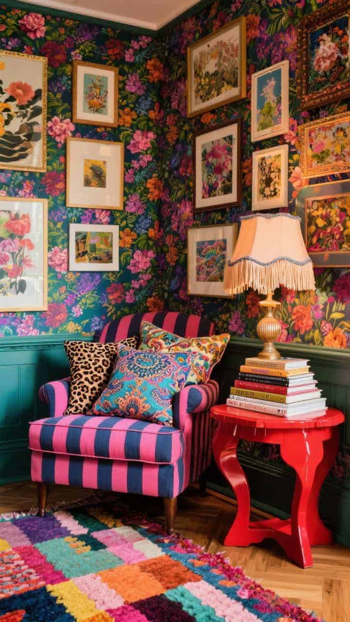 Medium maximalist reading corner: jewel-toned floral wallpaper backdrop; striped armchair in raspberry and navy; piled patterned cushions (ikat, leopard, paisley); lacquered red side table holding a stack of books; fringe-trimmed lamp, dense gallery wall art, and a multicolored rug; bold, joyful chaos with even, warm lighting.