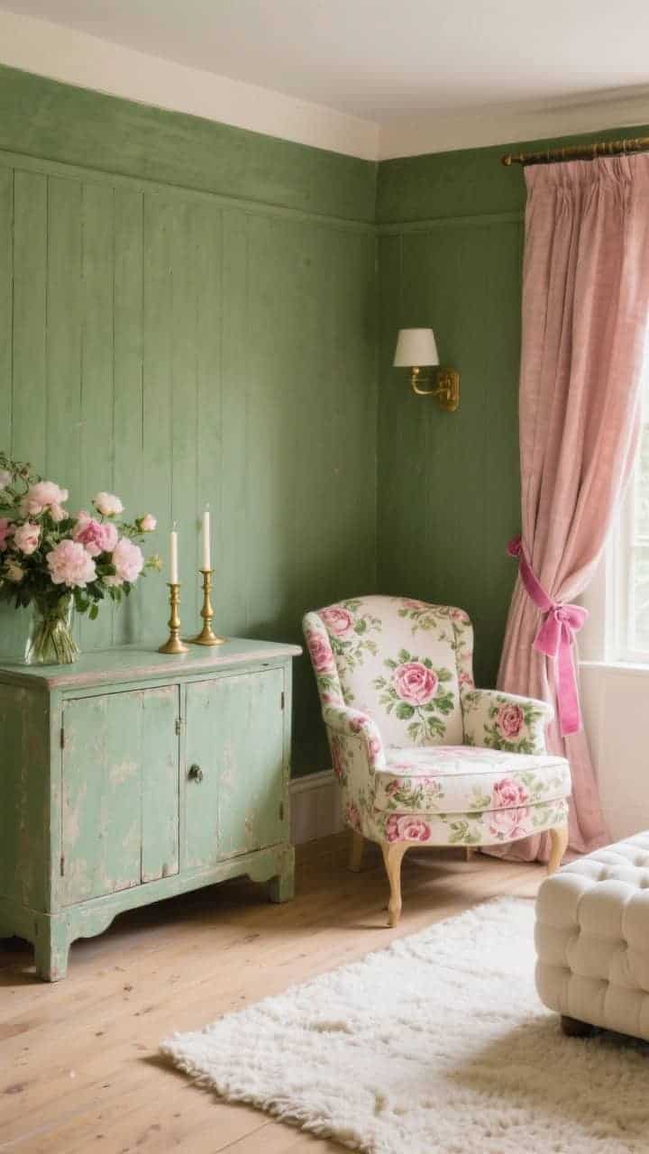 Medium shot of a romantic cottage sitting area with moss green velvet-matte walls; a rose-print chintz armchair beside a distressed sage sideboard topped with brass candlesticks and fresh peony bouquets; blush linen curtains tied back with pink velvet ribbons; a cream tufted ottoman on exposed light wood floors with a cream wool rug; soft, warm daylight for an earthy, calm mood.