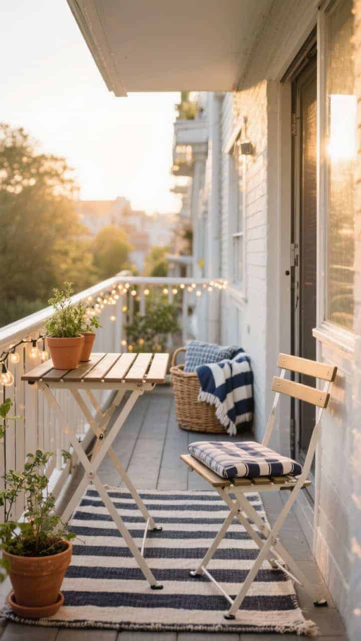 Narrow balcony wide shot with bistro charm: folding bistro chair with cushioned seat pad, slim rail table, and outdoor stripe rug; fairy lights strung along the railing; terracotta pots with herbs; blanket basket tucked in a corner; weather-resistant fabrics in navy and white; golden hour outdoor light.