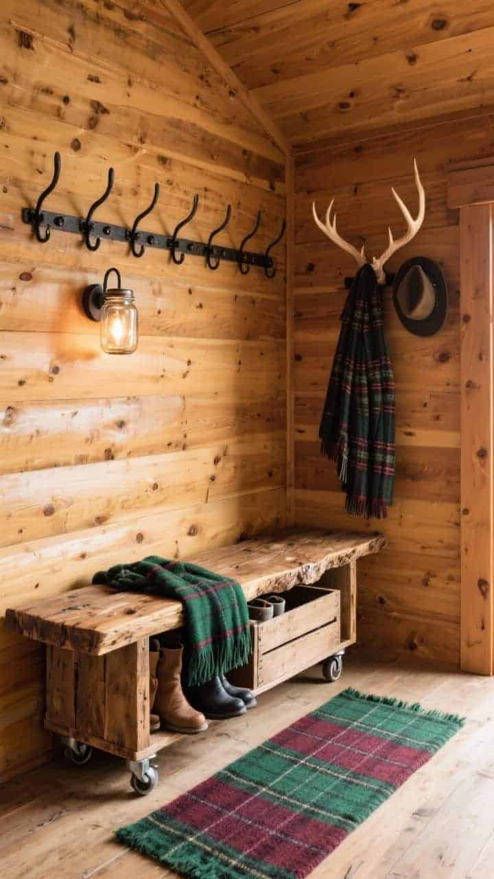Photorealistic medium shot of a rustic alcove, warm pine paneling enveloping the niche; chunky live-edge wooden bench; wooden crates on casters sliding out beneath, partially open with boots and scarves visible; forged-iron hook rail mounted above; wool plaid runner in forest green and burgundy along the floor; mason jar sconce emitting a soft farmhouse glow; narrow antler-style rack for hats to the side; palette of honey pine, iron black, forest green, burgundy plaid; cozy cabin mood; angled alcove perspective.