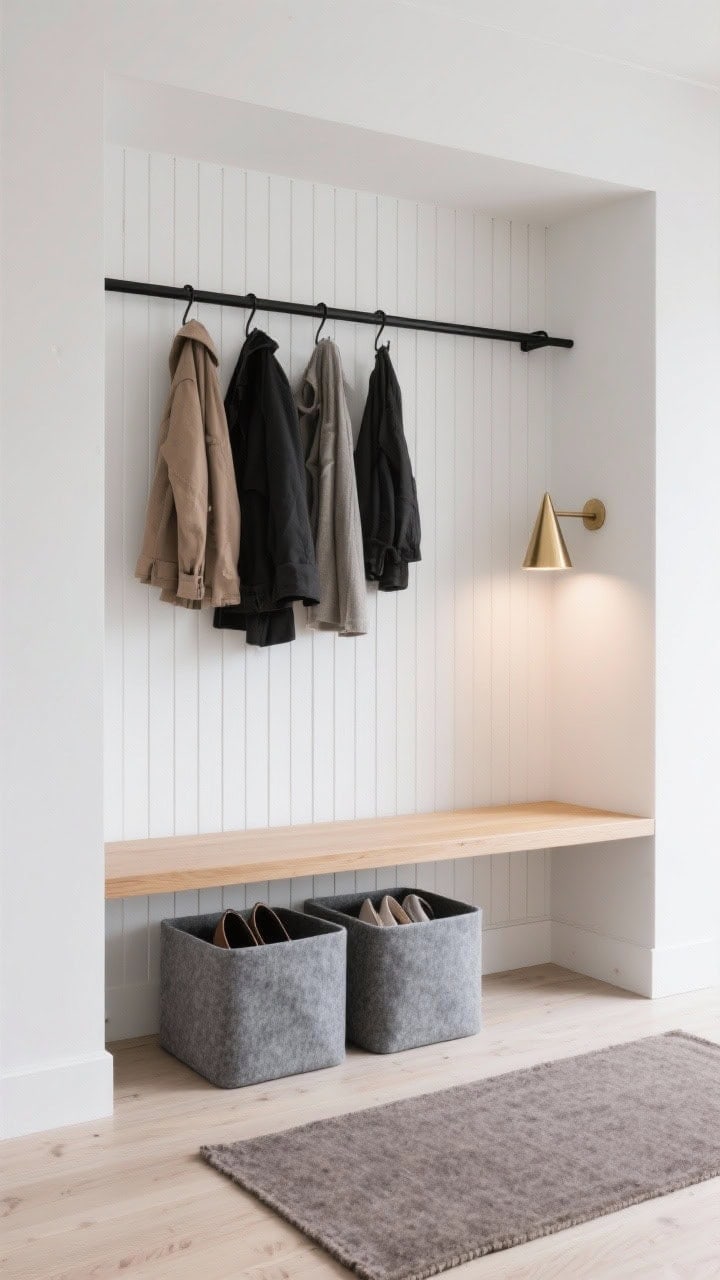 Photorealistic medium shot, Scandinavian slim wall niche in matte white with a blond oak floating bench; a single black metal rail above holding a curated row of coats; a narrow vertical slatted panel backdrop for texture; two soft gray felt bins tucked under the bench for shoes; petite brass cone sconce casting warm light; warm gray runner rug on the floor; palette of white, light oak, soft gray, and black accents; clean, airy, tidy mood; straight-on view.