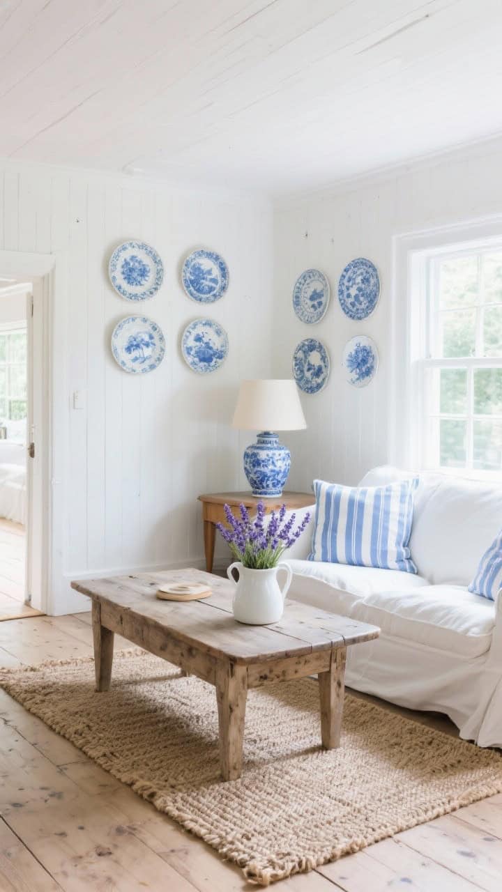 Photorealistic wide shot of a breezy cottage living room with whitewashed walls and pale cool oak plank floors; a soft white slipcovered sofa with blue ticking stripe pillows faces an antique pine coffee table on a hand-loomed jute rug; a porcelain lamp in Delft blue sits on a small side table; fresh sprigs of lavender in a white pitcher on the coffee table; gallery wall of vintage blue-and-white plates; powder blue and cornflower accents throughout; natural morning light streaming in, airy and crisp.