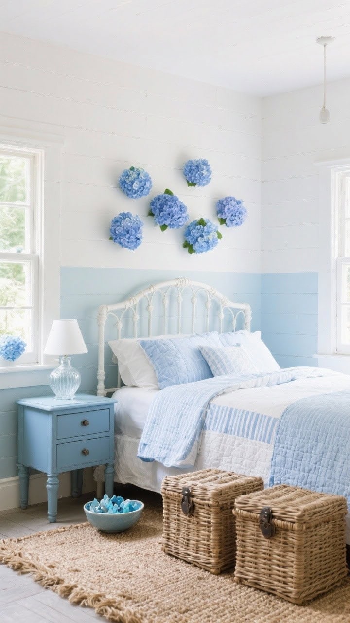 Serene cottage bedroom, straight-on wide shot: soft white walls layered with hydrangea blues from pale to periwinkle; white cane bed dressed in a periwinkle quilt and pale blue ticking sheets; woven wicker trunks at the foot of the bed; painted blue nightstand with a milk-glass lamp; seagrass rug grounding the space; bowl of blue sea glass on the windowsill; cool, crisp daylight.