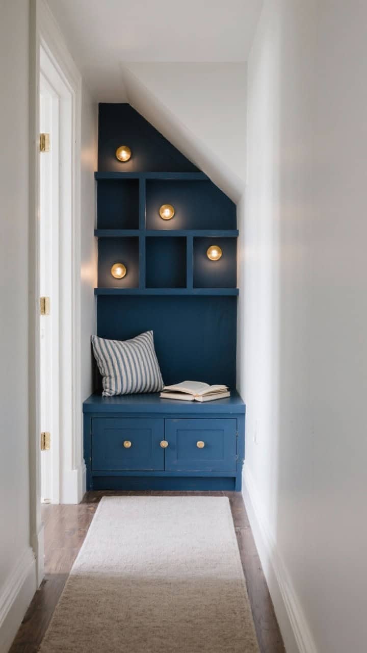 Straight-on medium shot of an under-the-stairs hideaway: custom bench with drawers below and shelf cubbies along the back; painted ink blue with brass puck lights overhead creating a cozy glow; narrow runner leading into the space; striped cushions tying into the hallway; compact, tucked-away reading spot.