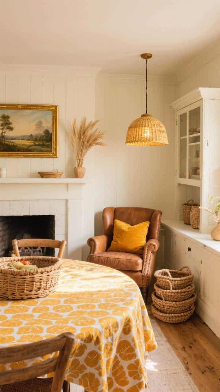 Warm, sunlit dining nook, medium-wide angle: buttermilk cream walls with marigold, ochre, and soft wheat accents; camel leather club chair with ochre velvet pillows next to a buttermilk-painted hutch; round pine table draped in a marigold block-print tablecloth; rattan baskets stacked nearby; wicker pendant casting a golden evening glow; gold-framed vintage landscape above a simple mantel.