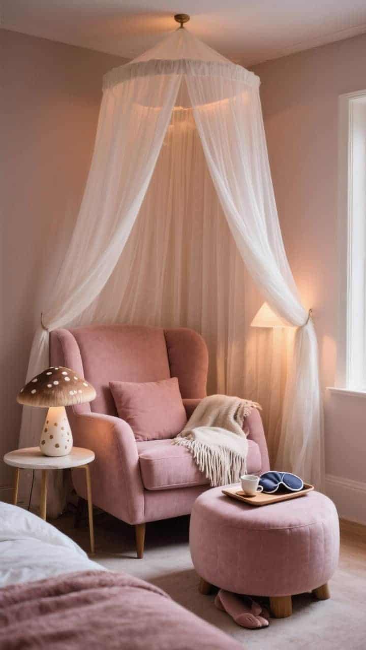 Wide bedroom corner shot: ceiling-mounted canopy or sheer curtains draped around a plush oversized armchair; palette of dusty rose, mushroom, and warm white; fringed throw, ceramic mushroom lamp on a small table, and a round ottoman for feet; a tray nearby for tea and sleep masks; soft, cocooning evening light.