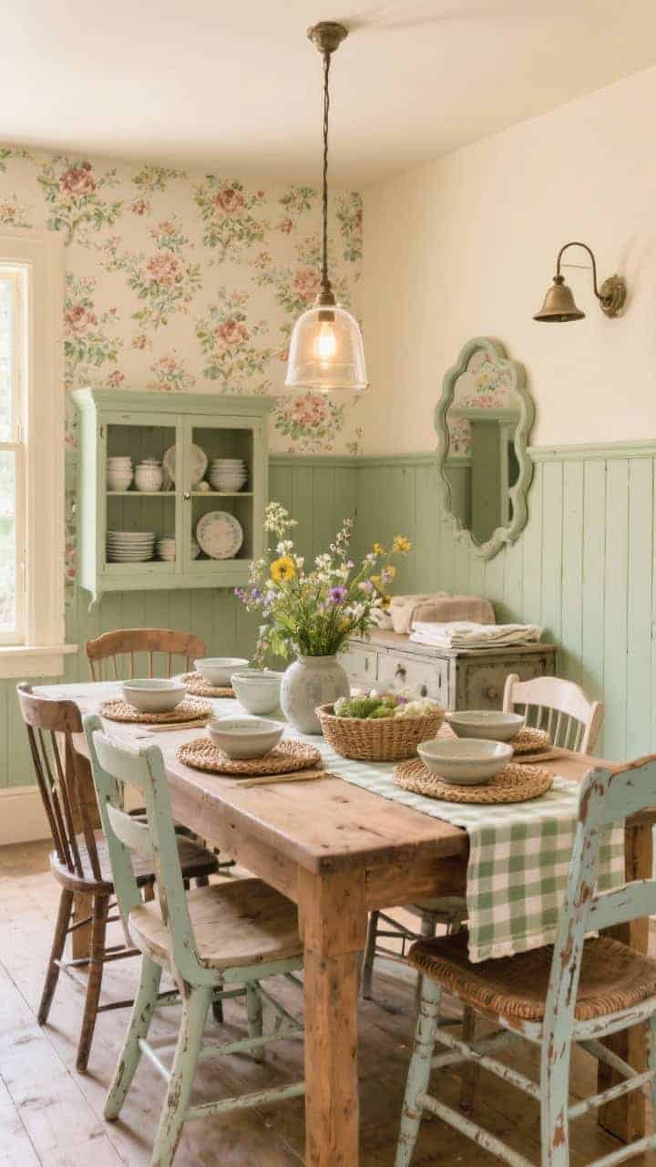 Wide dining room shot: Cottagecore dining room with warm cream walls, peel-and-stick floral wallpaper on the upper half, and sage-painted stick-on beadboard on the lower half. Feature a solid wood farmhouse table surrounded by mismatched vintage chairs distressed with coordinated pastel chalk paint and wax. Style with a gingham table runner, stoneware dishes, a vase of fresh wildflowers, wicker placemats, and a petite open hutch displaying everyday dishes. Include an antique sideboard for linens, a scalloped edge mirror, and a bell-jar pendant with a warm Edison bulb. Storybook charm, soft afternoon light, photorealistic.