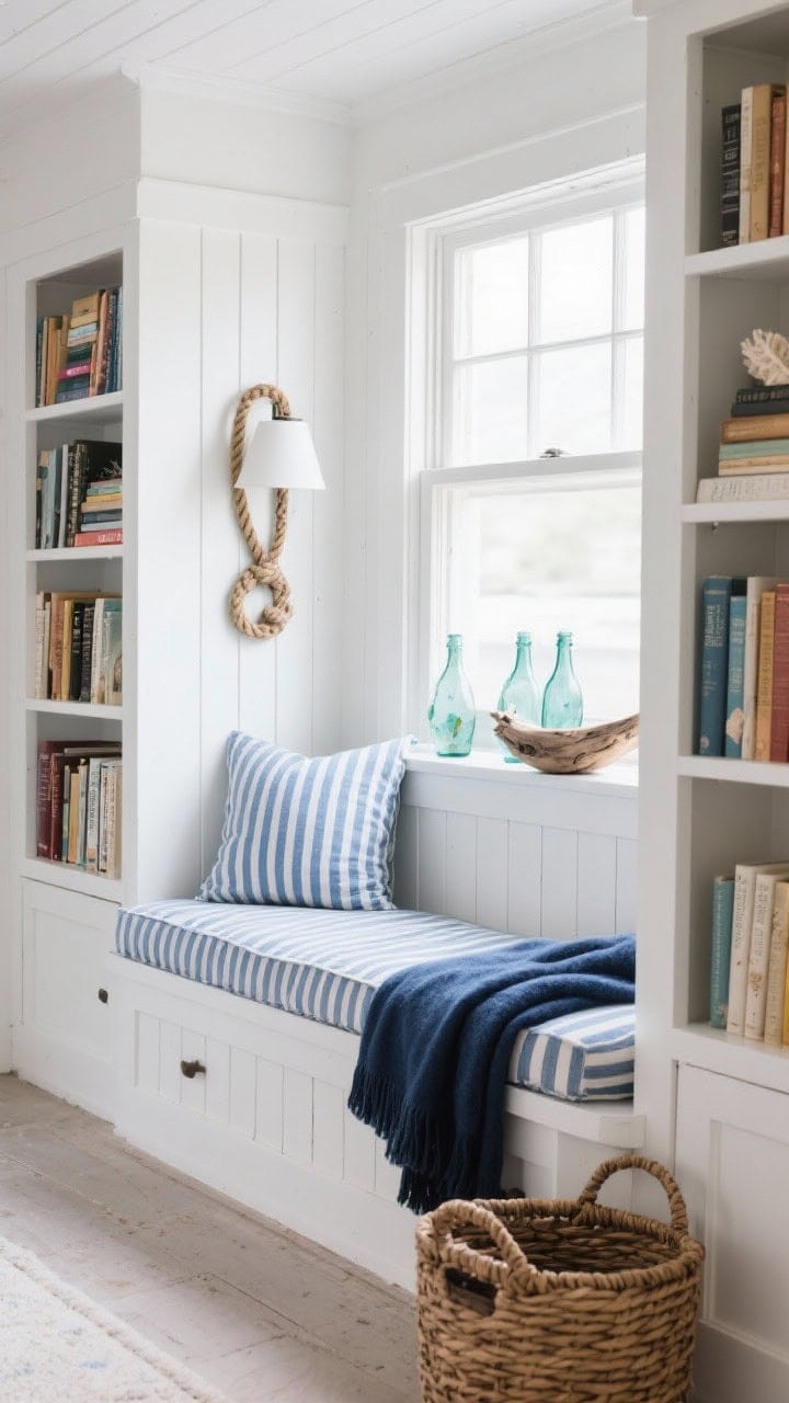 Wide shot of a coastal cottage window seat: shiplap window bench topped with a blue-and-white striped cushion, flanked by white built-in shelves filled with hardcovers; rope-wrapped sconce casting soft light; seaglass bottles and a driftwood bowl styled on the sill; navy throw and a woven basket for library returns; crisp, breezy vibe.