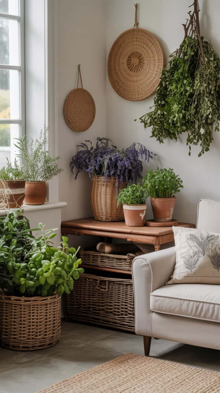 Natural elements in cottagecore home decor with potted herbs, dried flowers, branches, and baskets bringing the outdoors in