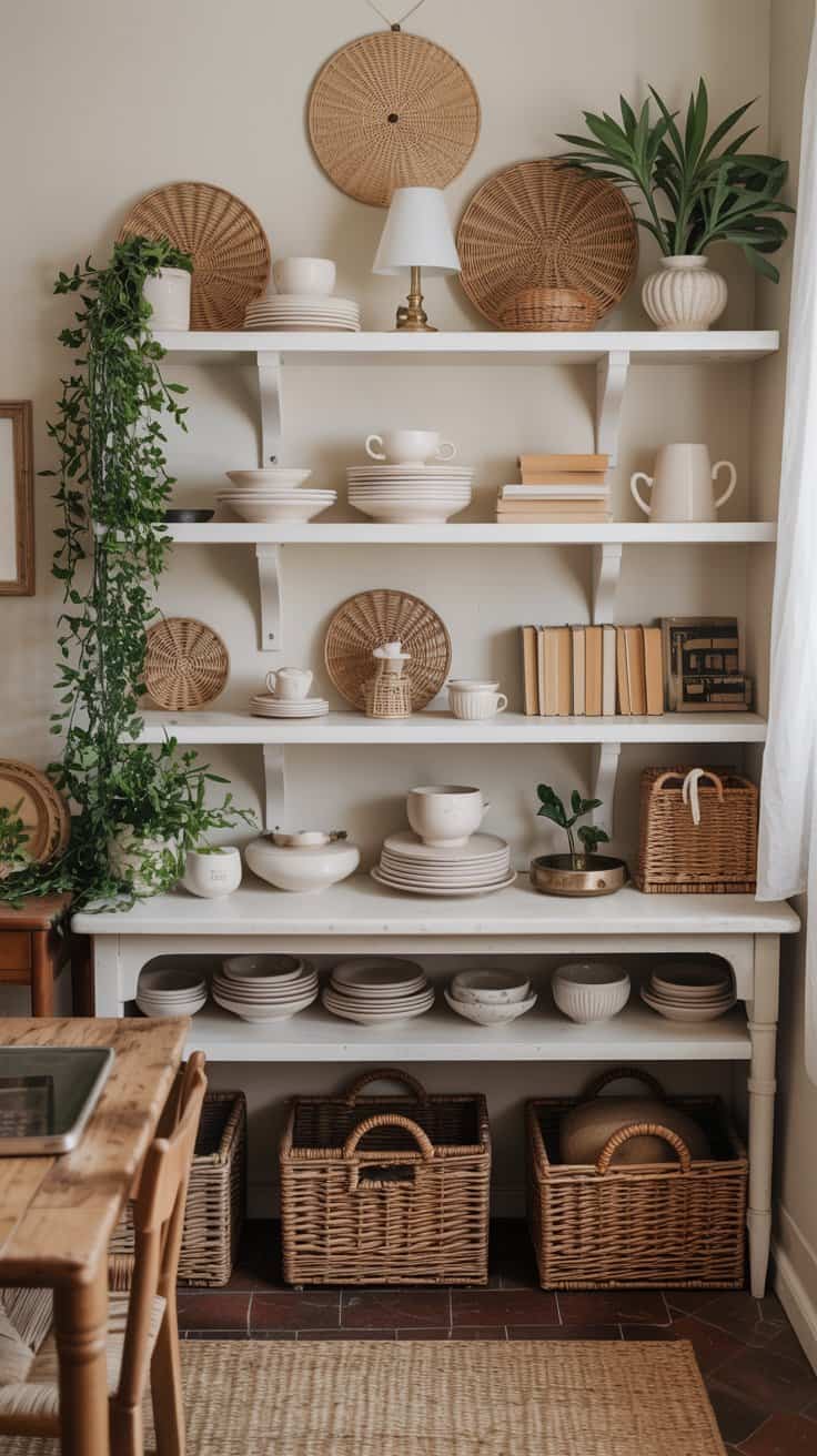 Open display of everyday items in cottagecore home decor with open shelving showing dishes, books, and baskets