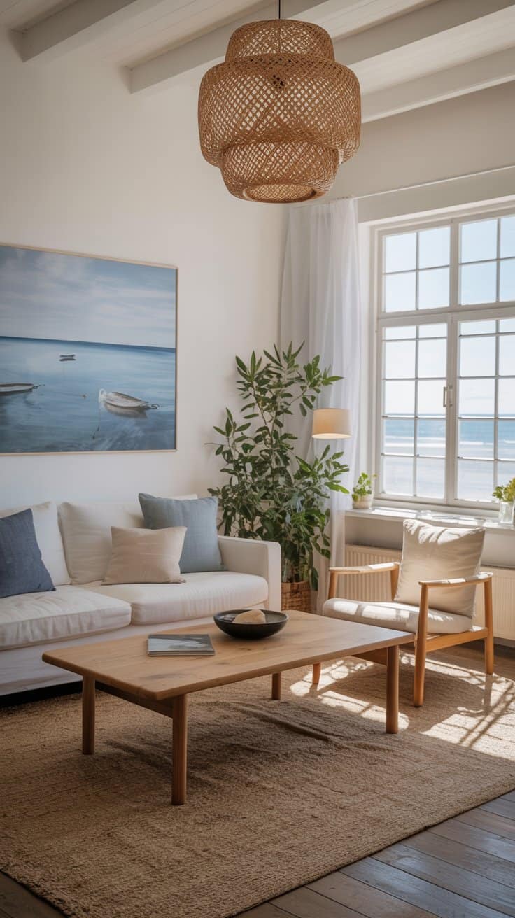 Bright modern coastal living room with white walls and exposed wood beams, rattan pendant light, white sofa with blue and beige pillows, seascape artwork, wooden coffee table on jute rug, potted plant, ocean-view window, and minimalist beach house decor.