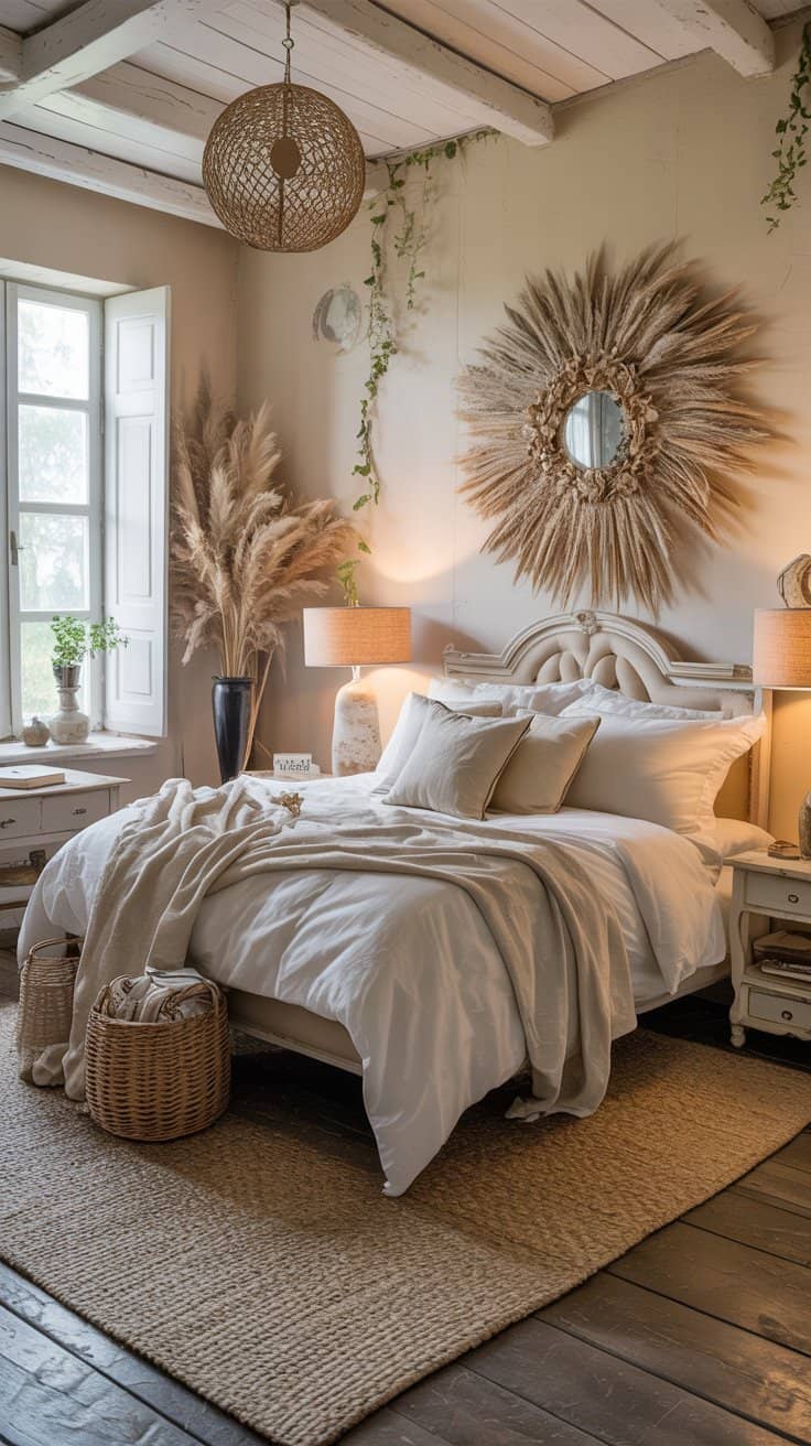 Shabby chic bedroom with a natural, evolved feel combining vintage elements, soft textures, and personal touches