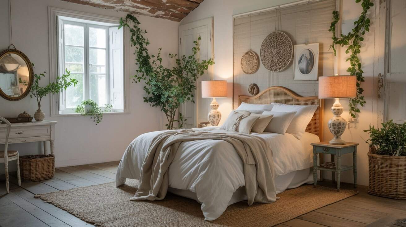 Shabby chic bedroom with a natural, evolved feel combining vintage elements, soft textures, and personal touches