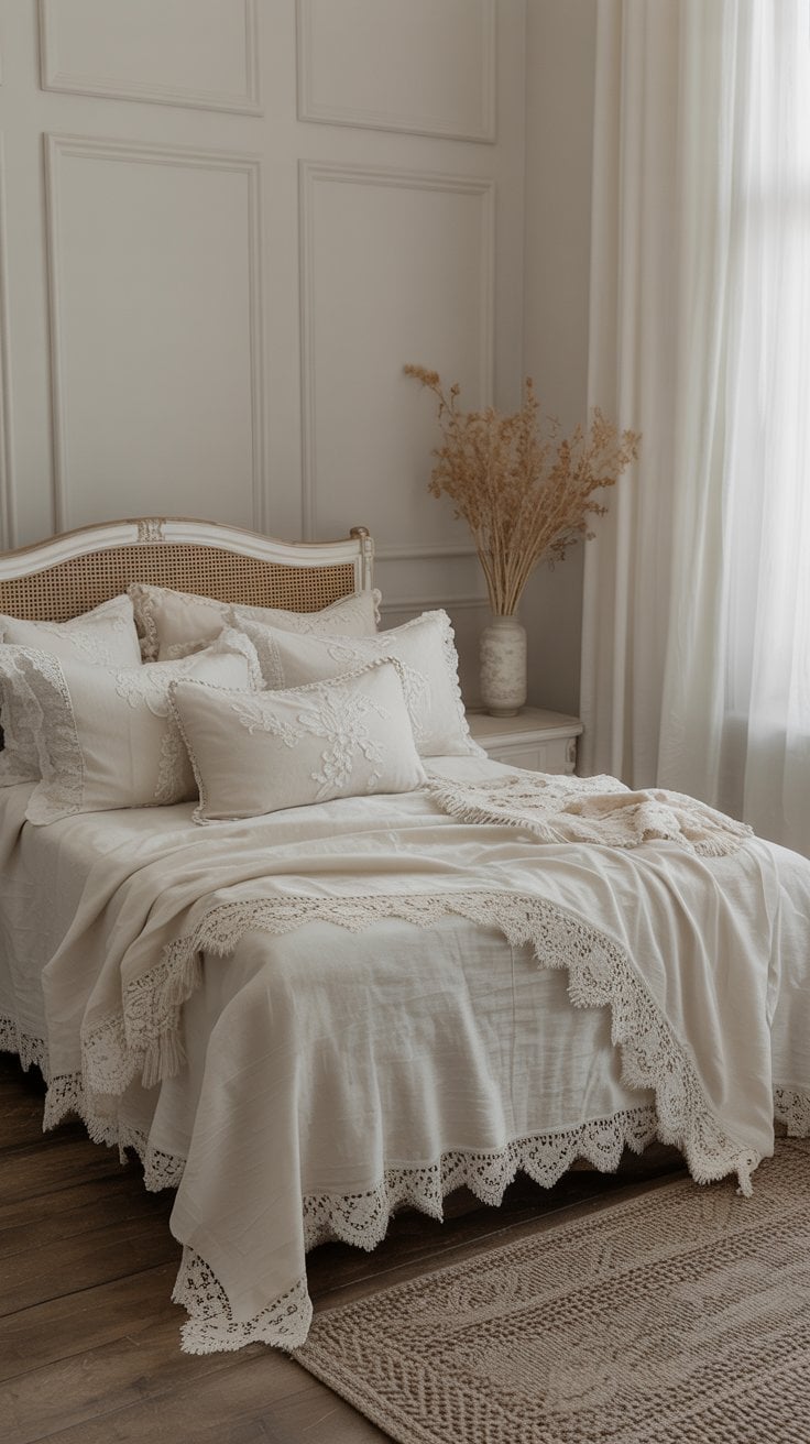 Shabby chic bedroom with delicate lace details on pillows, throws, and curtain edges adding romantic texture